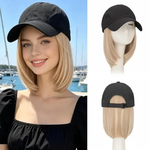 Woman wearing Benehair 8 inch quick dry ball cap wig with light gold mixed hair and black mesh cap