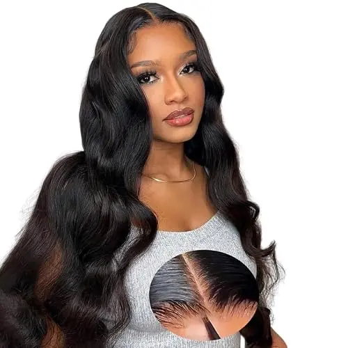 Model wearing a natural colour 5x5 body wave glueless wig with 26-inch length