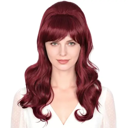 Long wavy dark red beehive wig with large bouffant