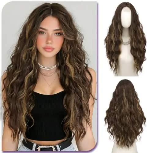 Sofeiyan long wavy dark brown with gold highlights lace front wig 28 inch