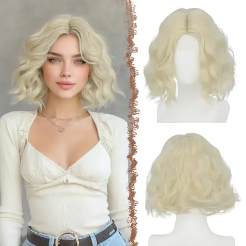 FESHFEN platinum blonde short wavy bob wig with lace front and middle part