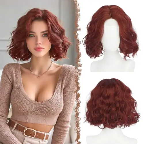 FESHFEN short wavy bob wig in burgundy
