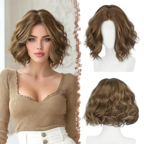 11-inch short wavy bob wig with brown highlighted blonde colour and lace front middle part