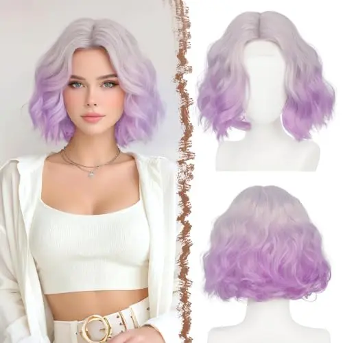 FESHFEN ombre purple wavy bob wig with lace front middle part