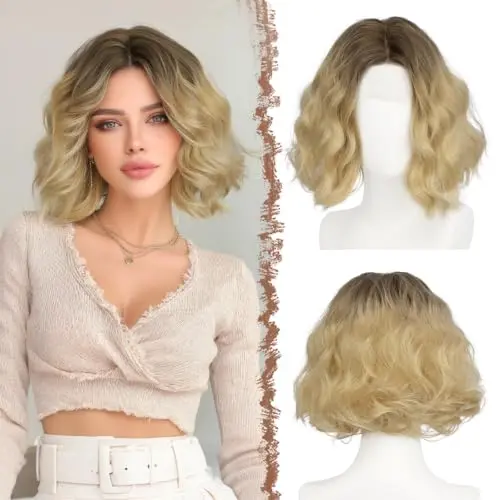FESHFEN Short Wavy Bob Lace Front Wig in ombre blonde
