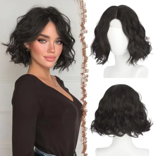 FESHFEN 11 inch wavy bob synthetic wig with lace front in dark brown