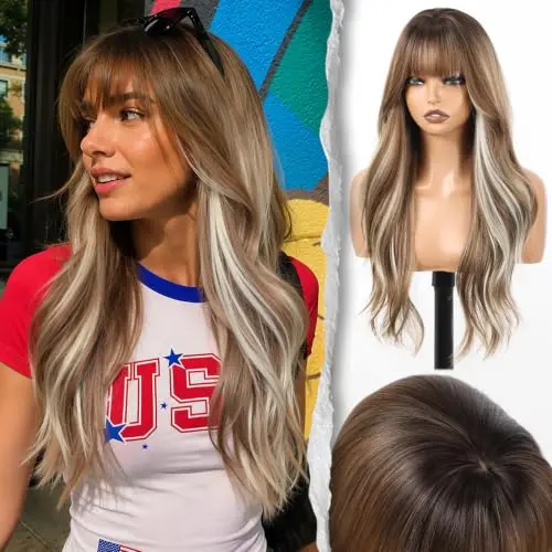 ShineDiary cocoa brown wig with blonde highlights and bangs on a model