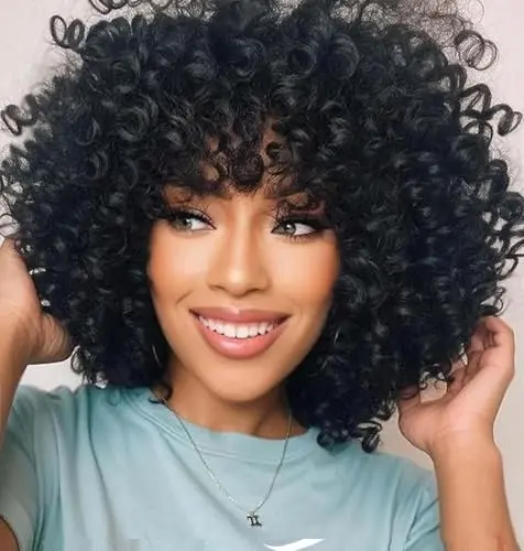 NewSuYuan Afro Curly Wig with Bangs in Natural Black