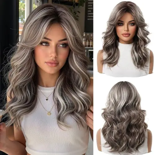 Model wearing a short mixed ash brown curly wig
