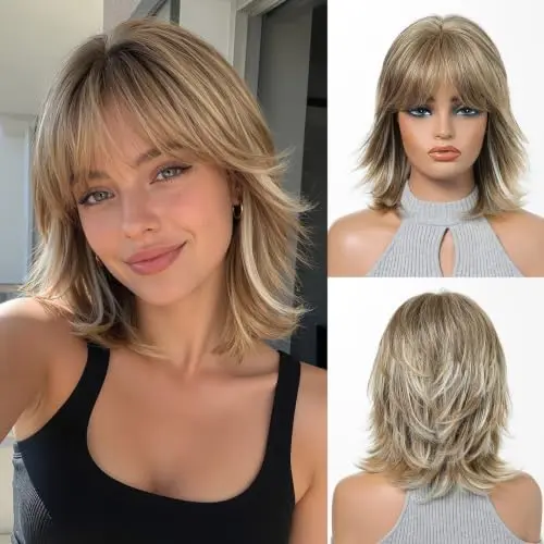 OUFEI blonde short layered straight synthetic wigs for women daily party
