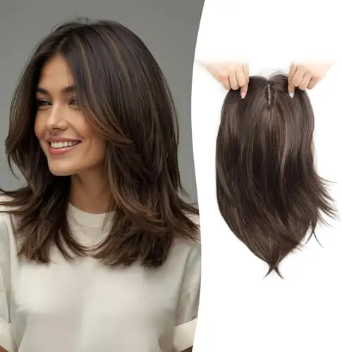 NewSuYuan 14-inch straight clip-on hair topper in medium brown with highlights