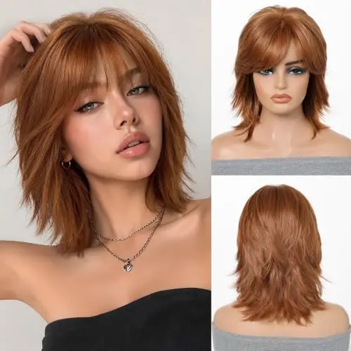 Short layered auburn bob wig with natural-looking part on a model