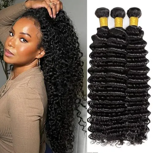Deep wave human hair bundles in natural black