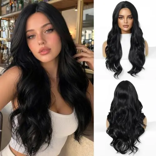 Long wavy black Kanekalon fibre wig on a model