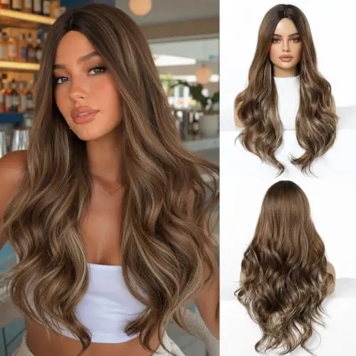 OUFEI ombre brown highlights long curly synthetic wig with heat-resistant fibre