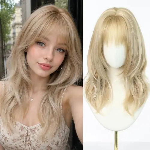 18 inch layered blonde jellyfish wig with bangs and wavy texture
