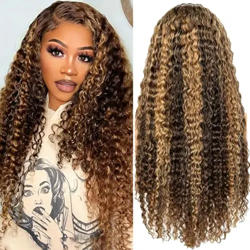 5x5 Wear and Go Glueless Honey Blonde Deep Wave wig on a model