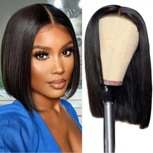 LJZYW 8-inch short straight bob cut human hair wig with pre-cut 4x4 Swiss lace