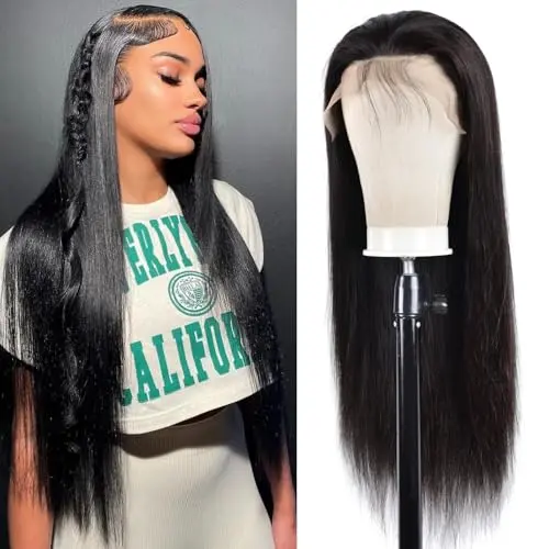 Black 24-inch straight human hair wig with 13x6 HD lace front, shown flat