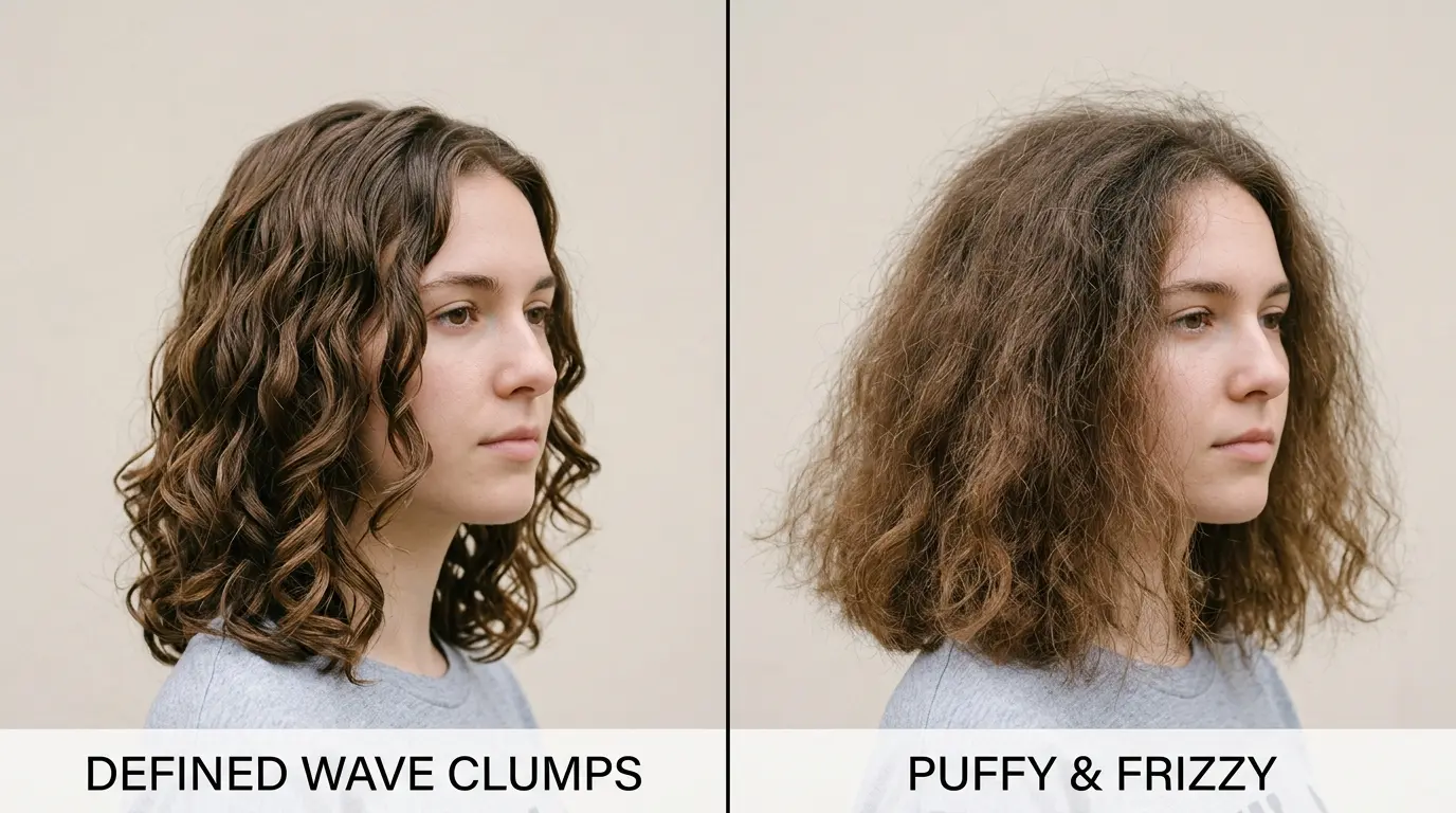 Wavy hair drying in defined clumps beside the same hair looking puffy and undefined