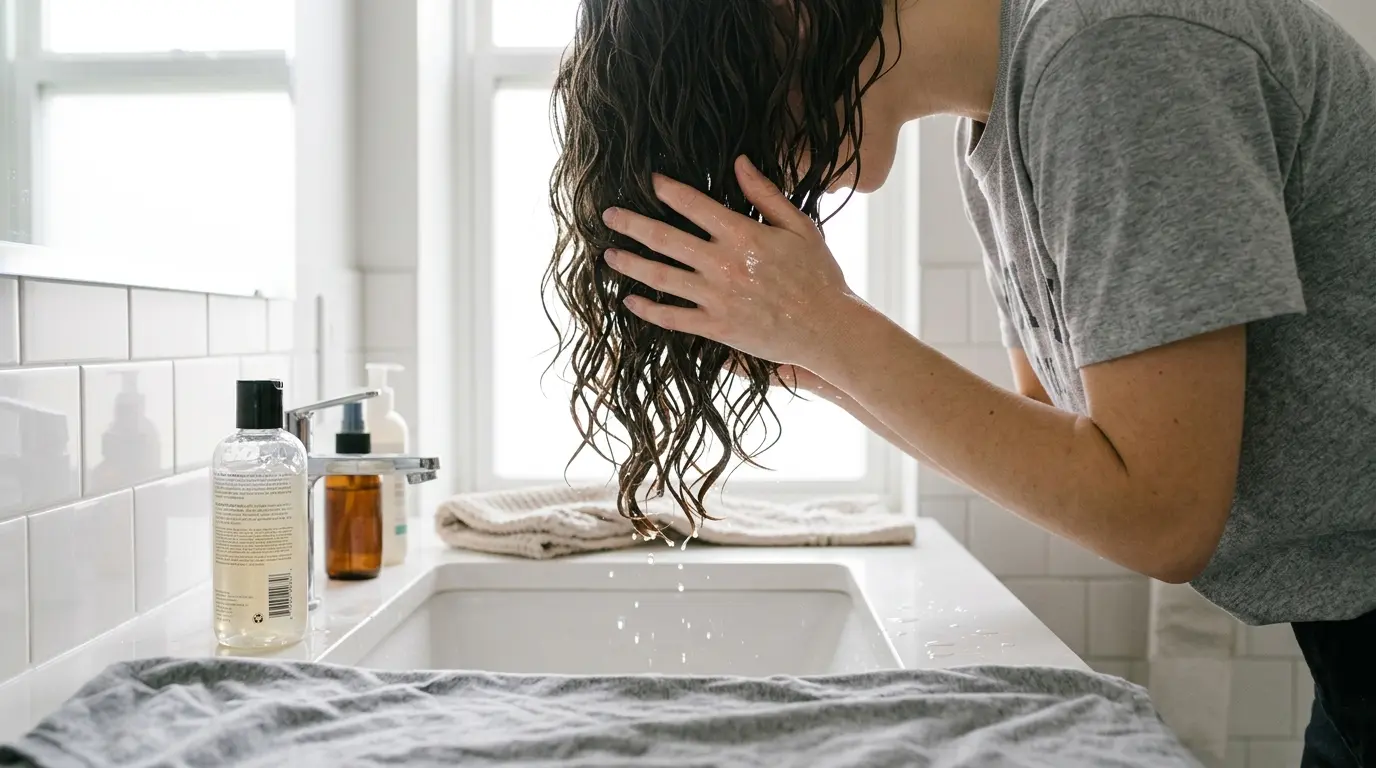 Hands scrunching styling cream upward into soaking wet wavy hair over a sink
