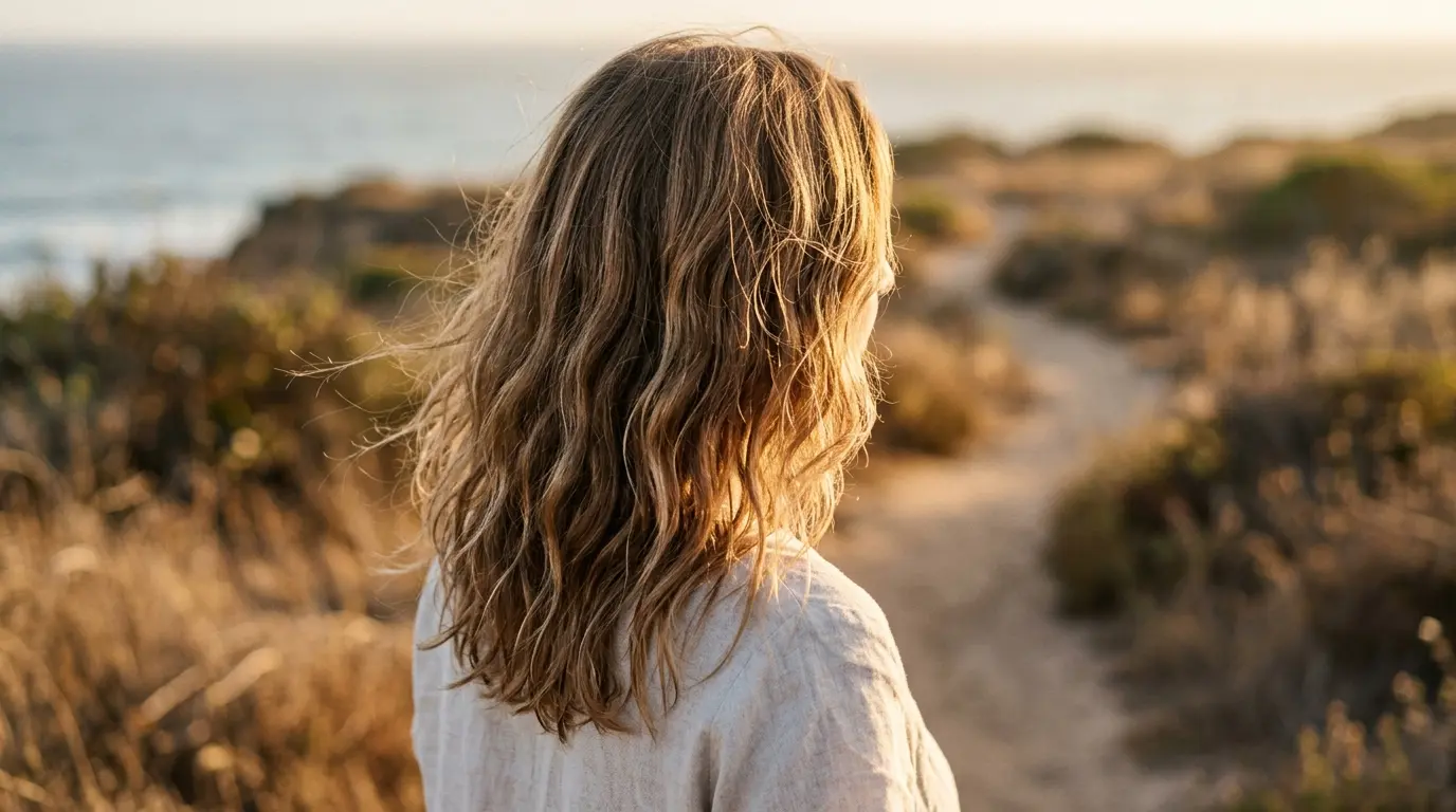 Fine straight hair styled into soft beachy waves with visible texture and movement