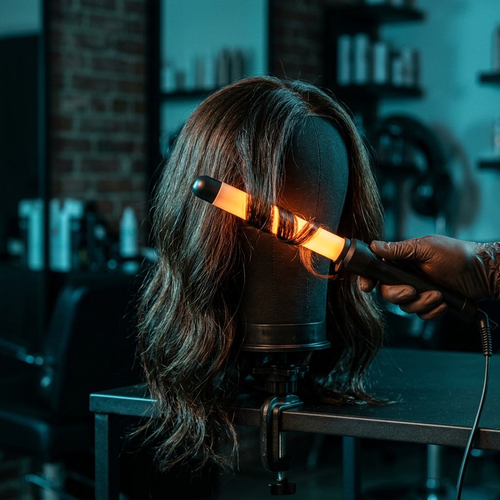 A gloved hand curling a wig on a stand with a heated wand in a dim salon.