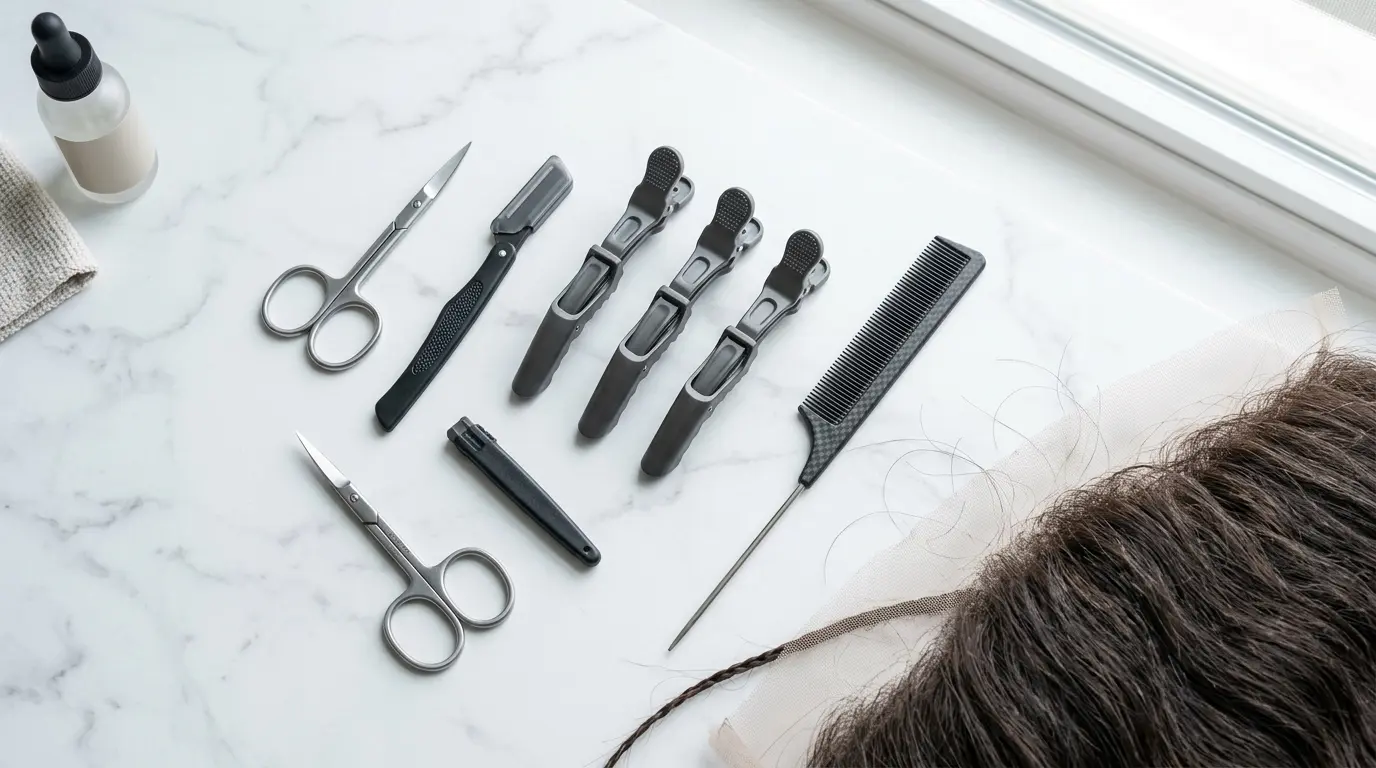 Lace cutting tools laid out including small scissors, an eyebrow razor, clips and a rat-tail comb