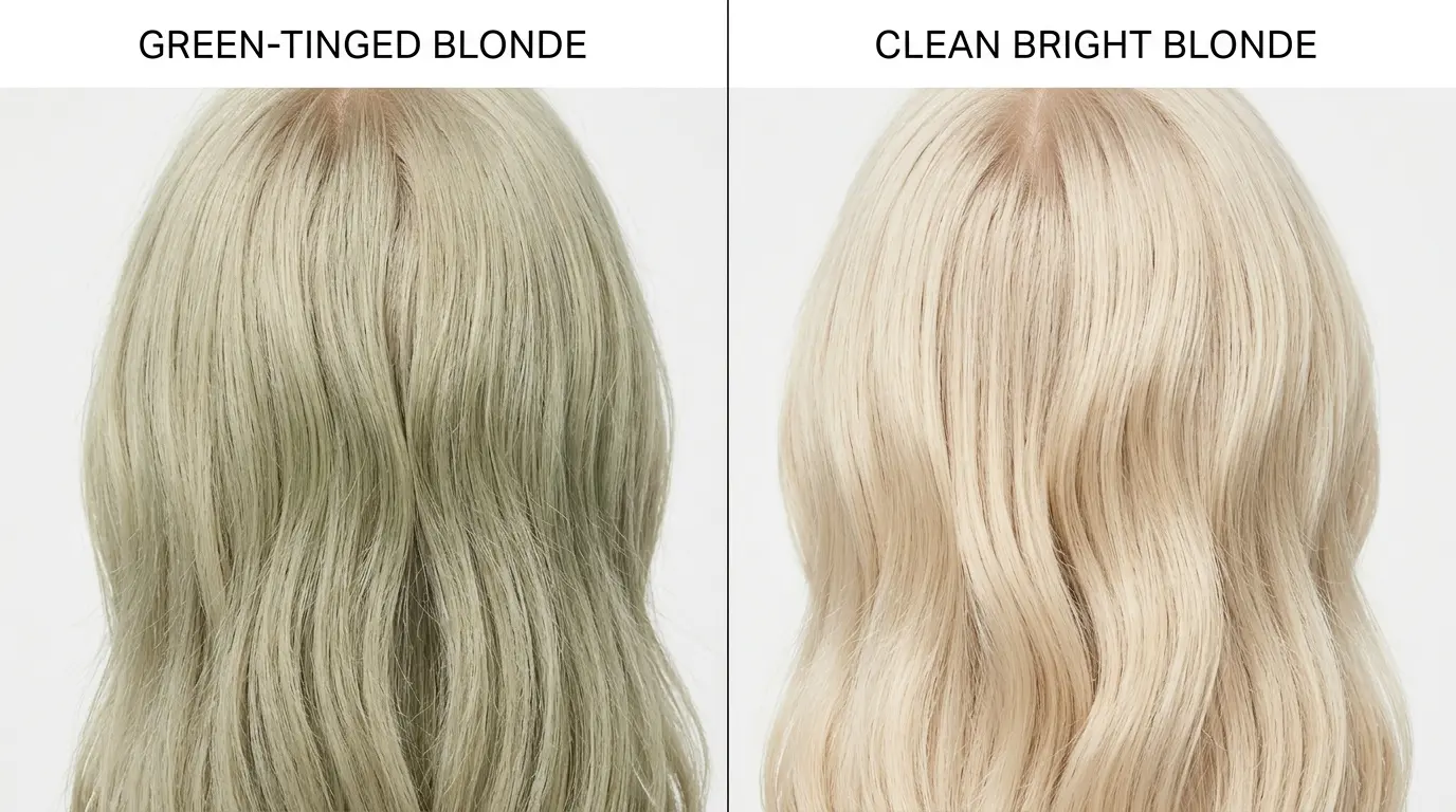 Blonde hair with a faint green tinge from pool water compared with clean toned blonde