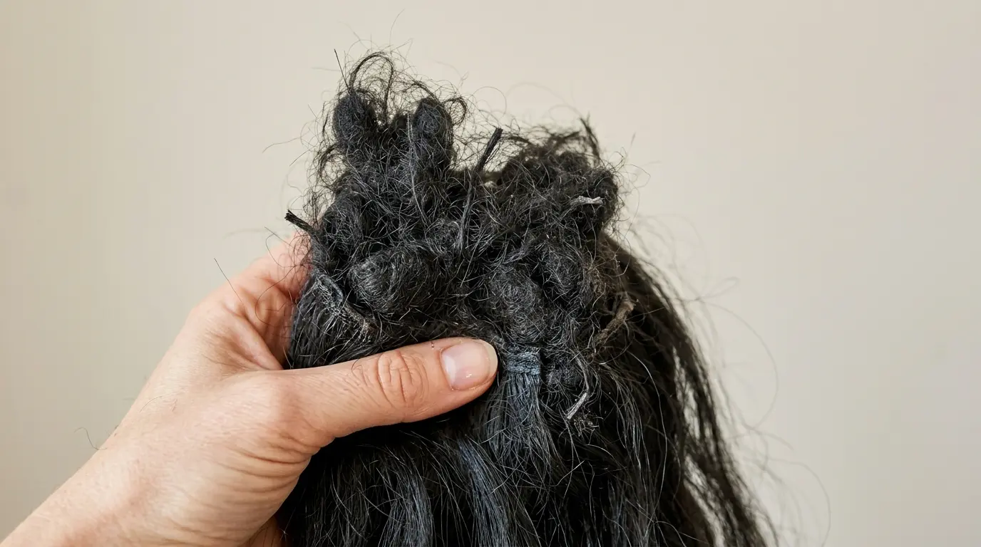 Close-up of a badly matted section at the nape of a long synthetic wig