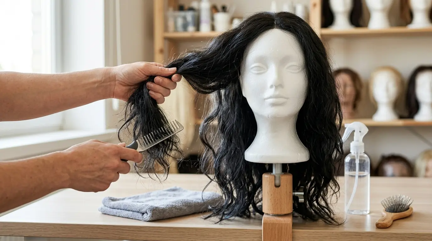 Hands combing the ends of a wig section with a wide-tooth comb, working upward on a mannequin stand