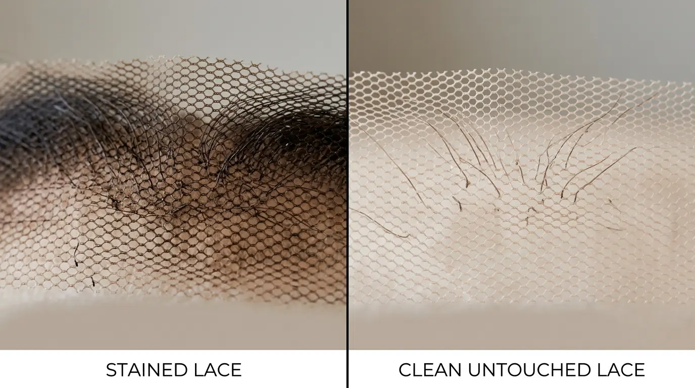 Close-up showing dye-stained dark lace on a wig hairline compared with clean untinted lace