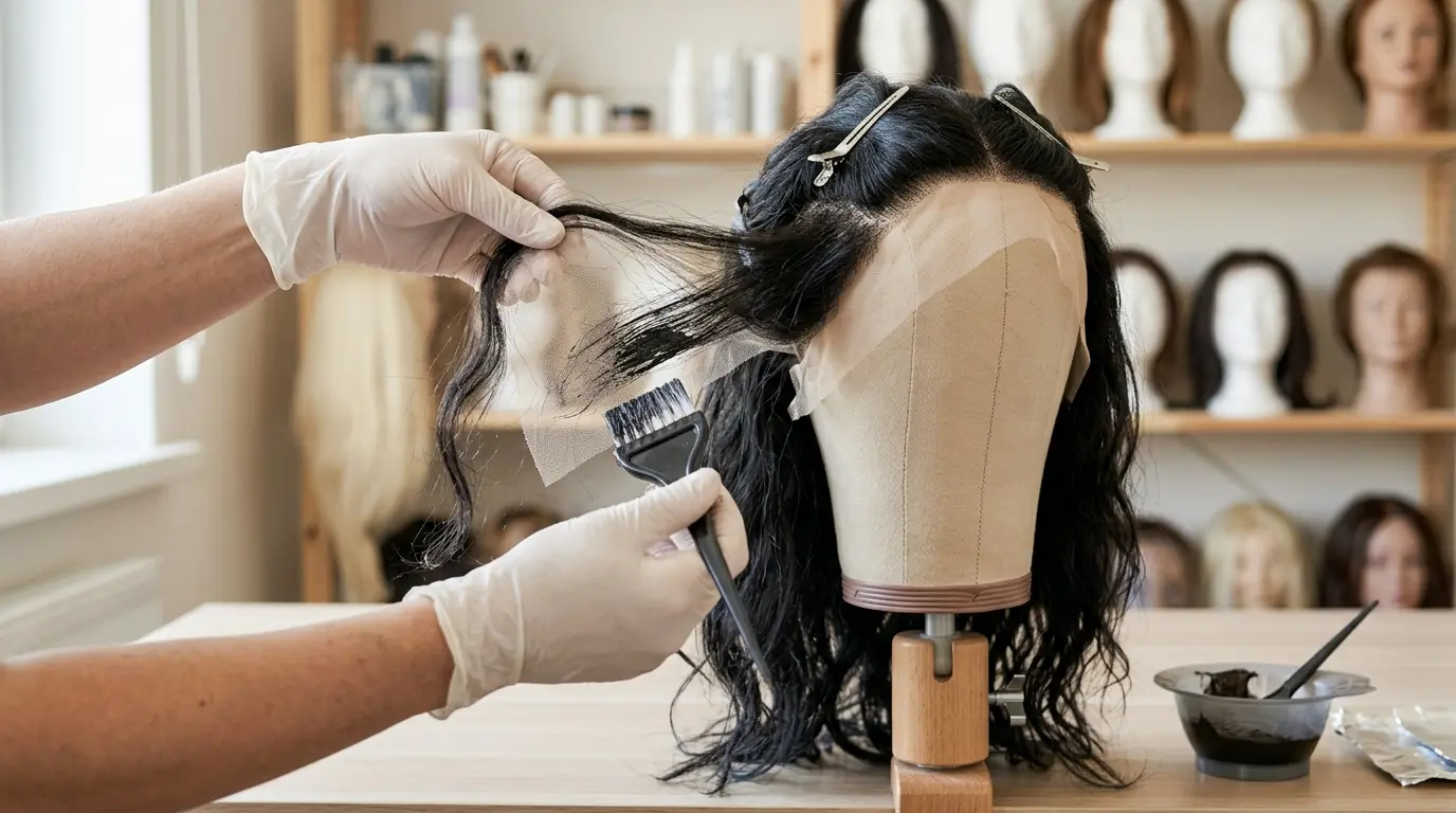 Gloved hands brushing dye onto a lifted section of wig hair held away from the cap
