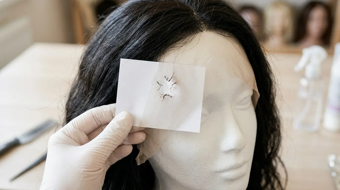 Close-up of a small tear in wig lace on a mannequin head with white paper behind for visibility