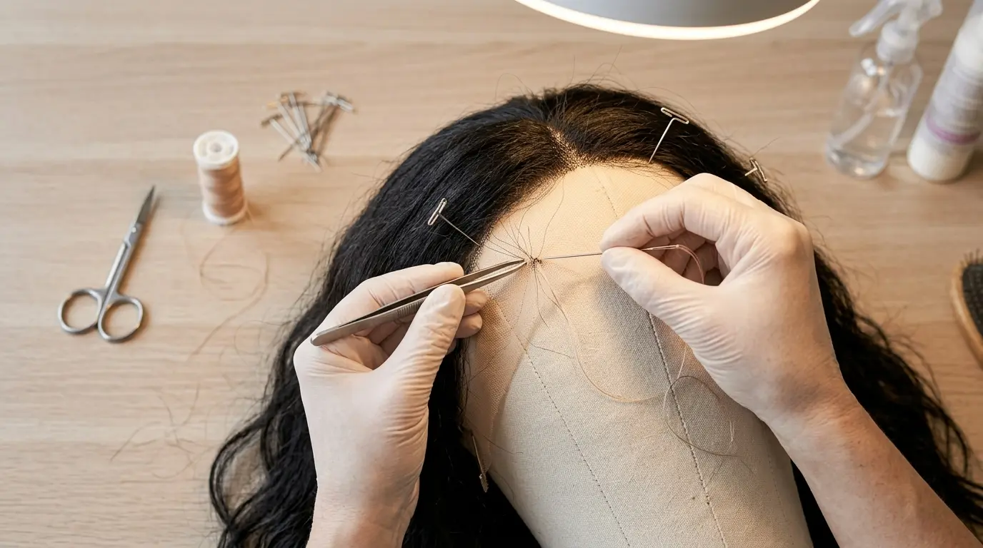 Hands using fine tweezers and a needle to repair lace on a wig secured to a mannequin head