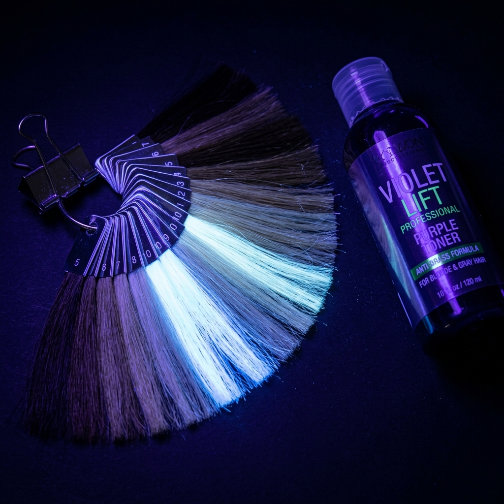 A fanned hair colour swatch ring beside a bottle of purple toner under blacklight; the pale blonde shades fluoresce.