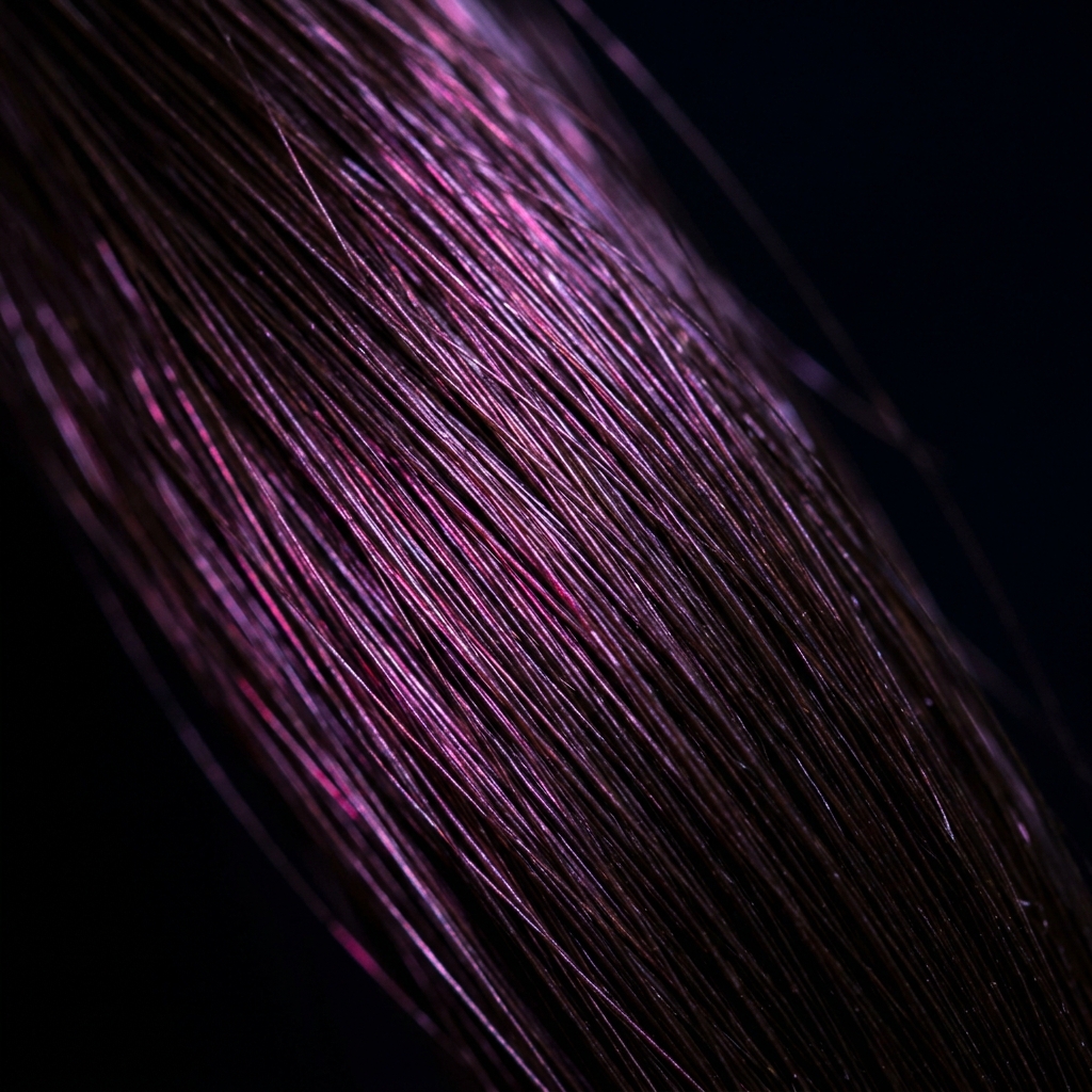 Macro of hair fibre strands catching a hard magenta sheen against a black background.