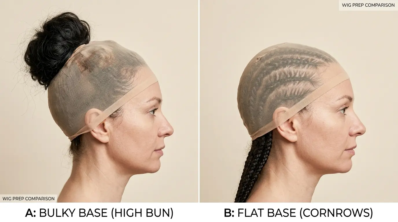 Side profile showing a smooth flat braided base under a stocking cap compared with a bulky bun
