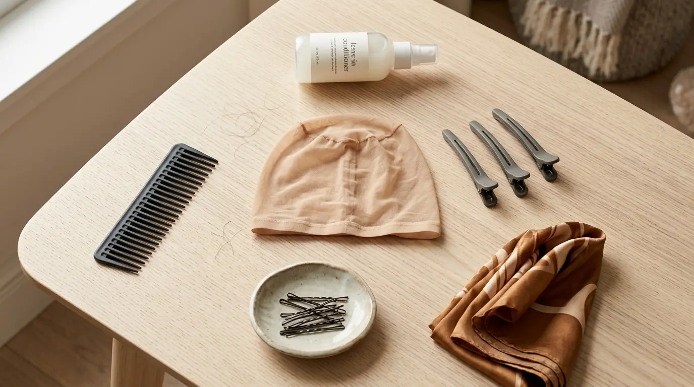 Flat lay of wig prep tools including a nude stocking cap, wide-tooth comb, hair clips and bobby pins