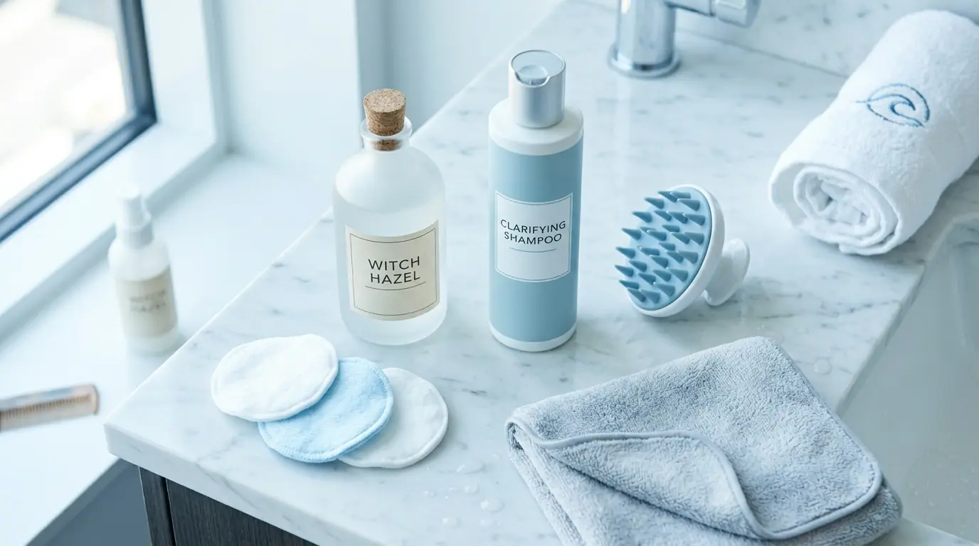 Post-workout scalp care flat lay with witch hazel, cotton pads, a clarifying shampoo and a microfibre towel