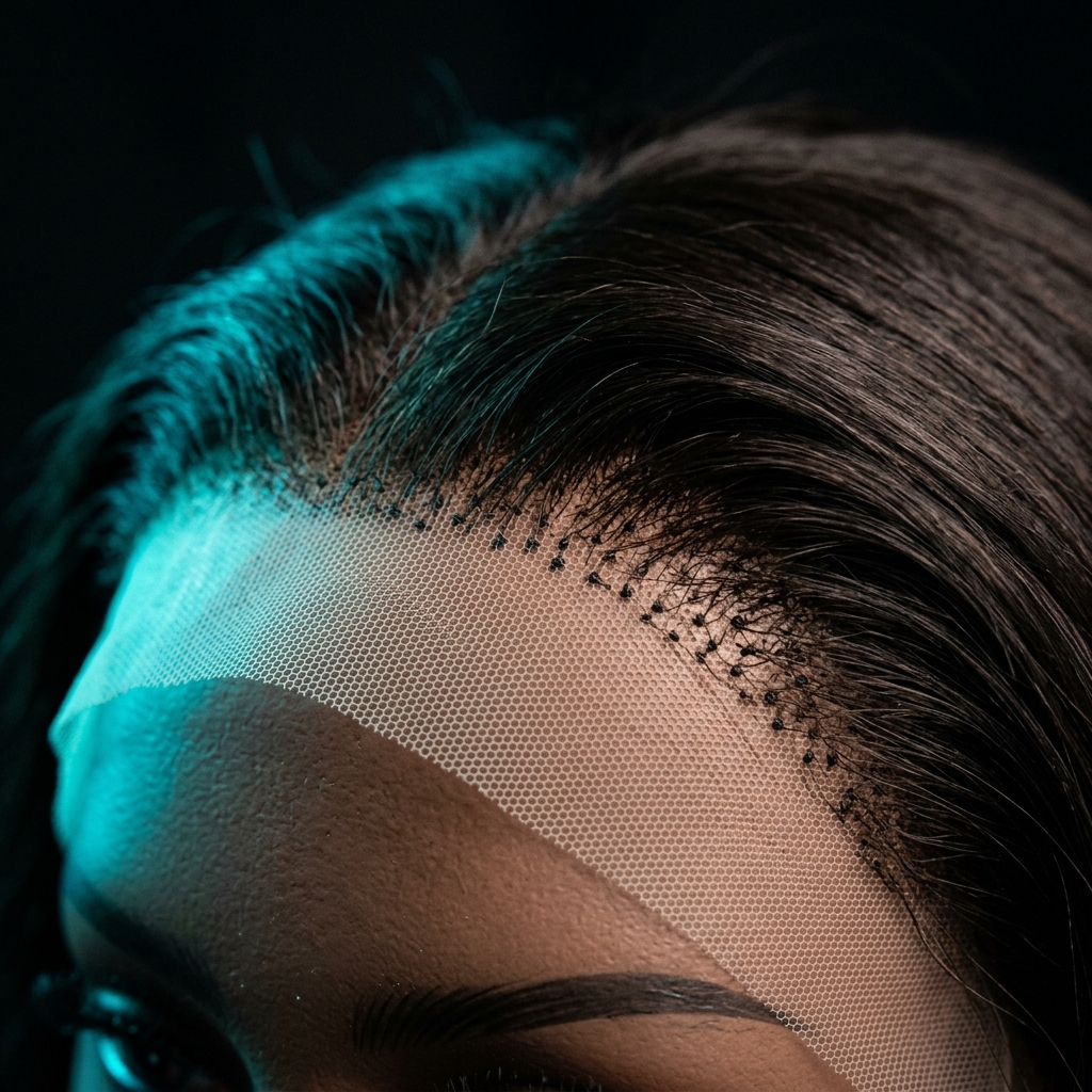 Close-up of a lace front hairline on a mannequin, showing individual knots tied into the mesh.
