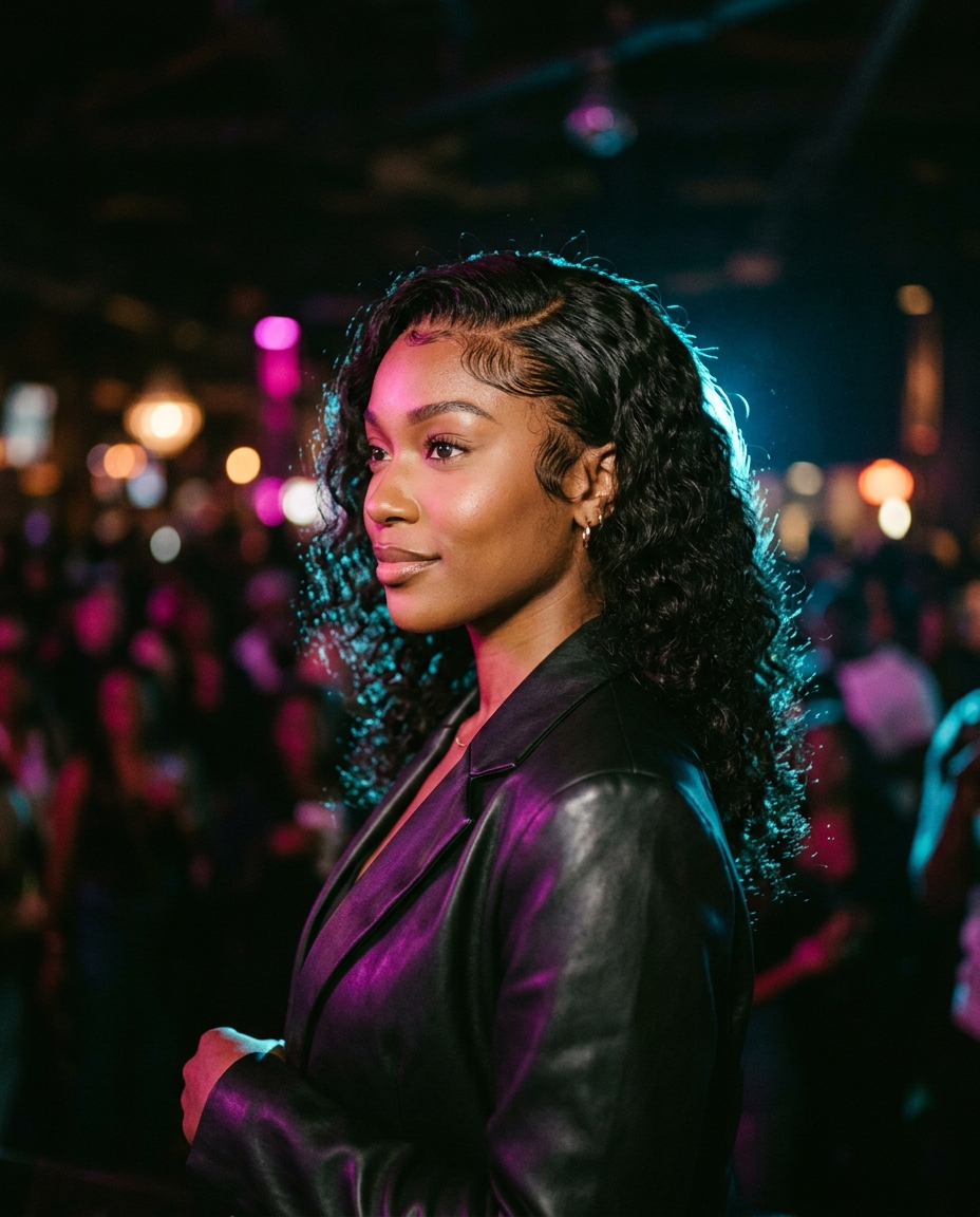 A model in a curly lace front wig at a dark venue, lit by magenta and cyan stage lights.