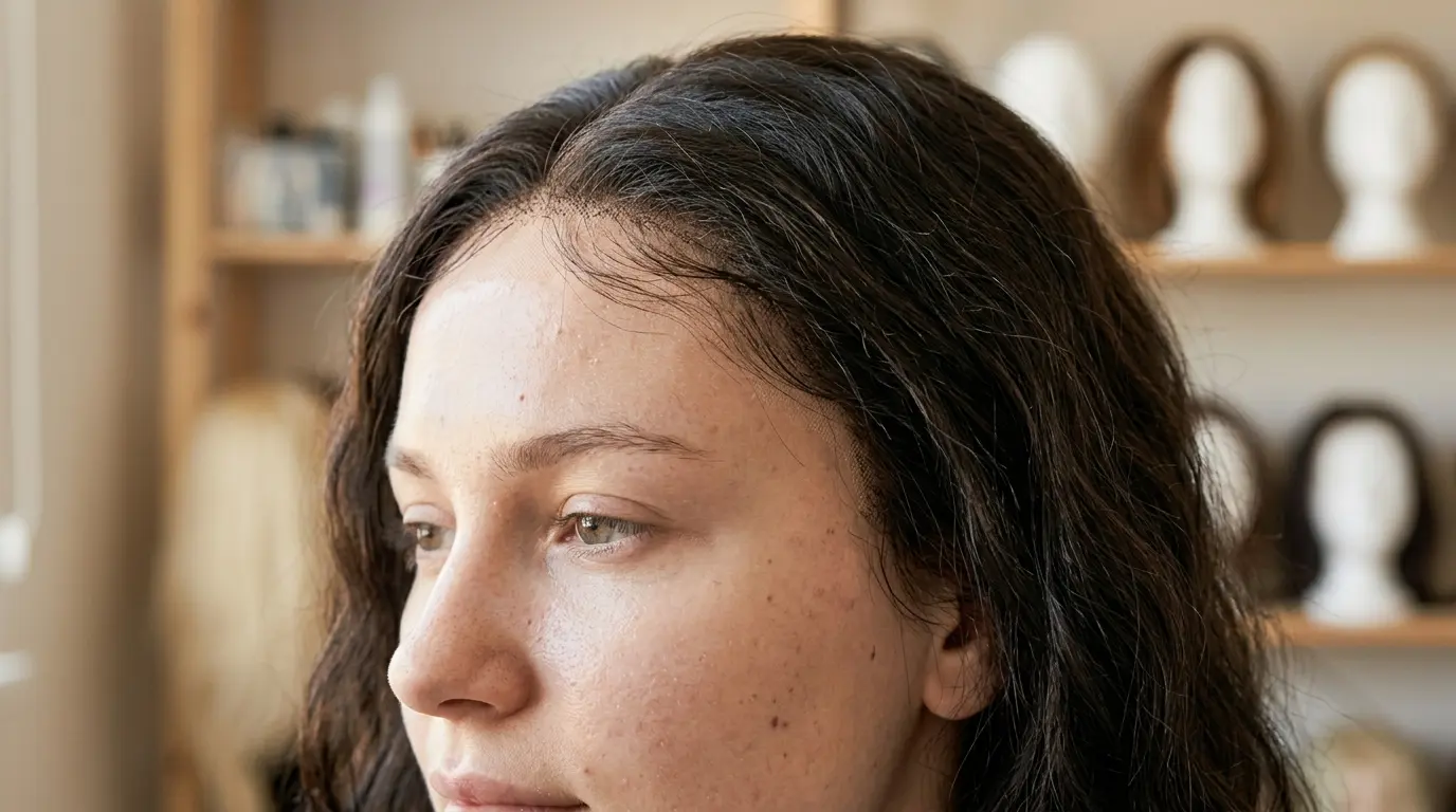 Close-up of wig baby hairs at the hairline styled flat with soft natural shape