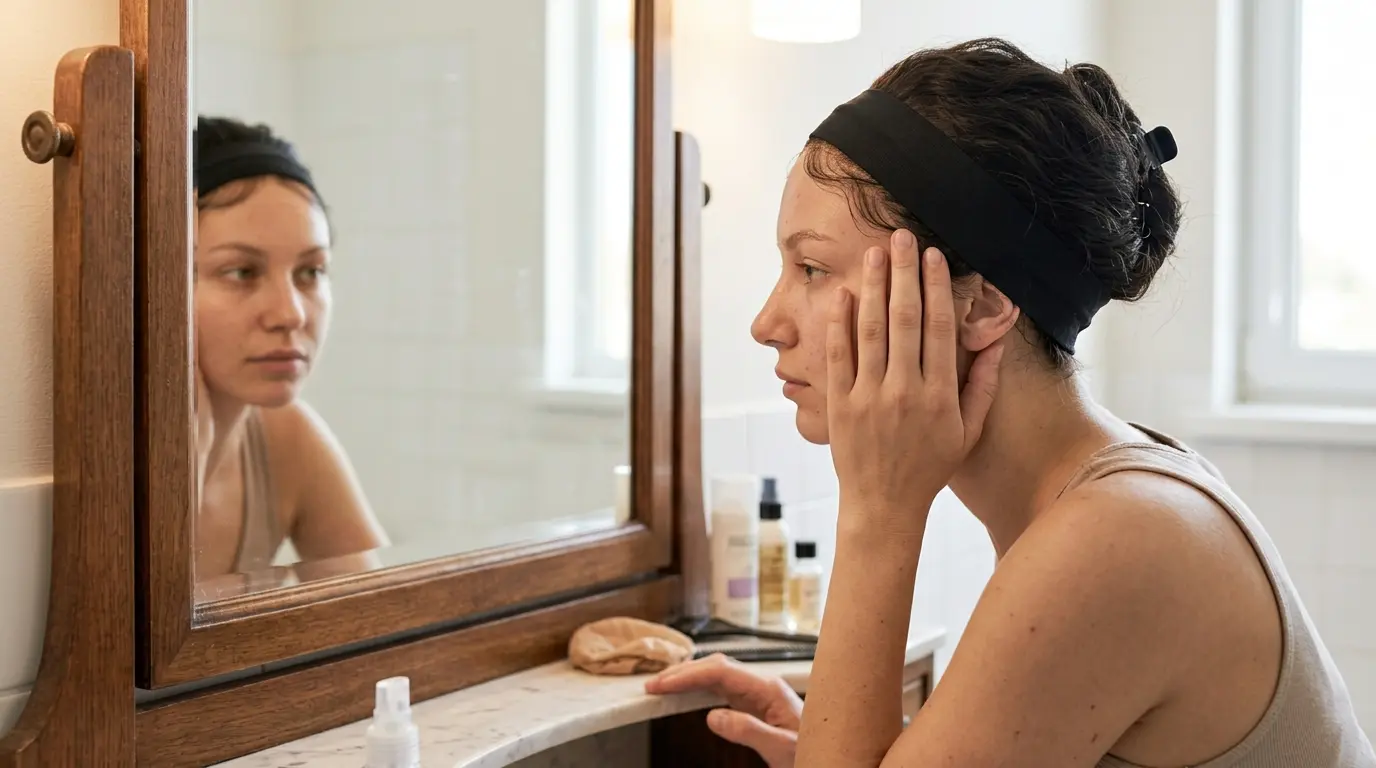 Elastic band wrapped over the hairline holding baby hairs flat while product sets