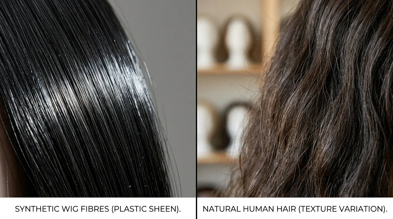 Close-up comparison of glossy synthetic wig fibre beside natural-looking matte hair
