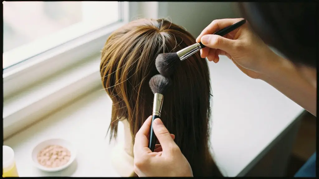 Hands sweeping matte powder through a wig on a mannequin stand with a makeup brush