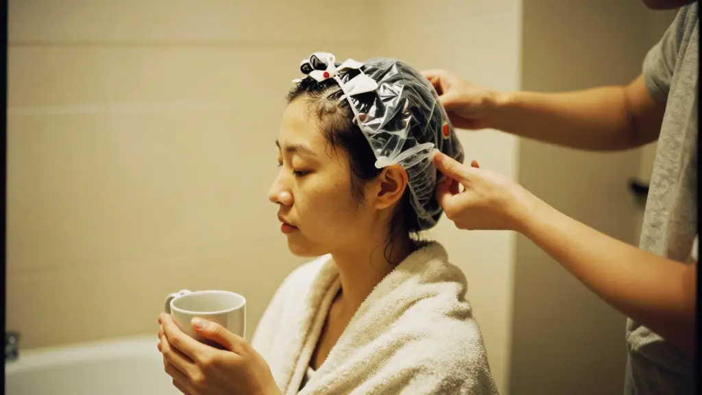 Sectioned coily hair being treated with a steam cap during a deep conditioning session