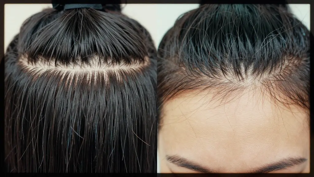 Close-up comparison of a dense factory wig hairline and a naturally plucked graduated one
