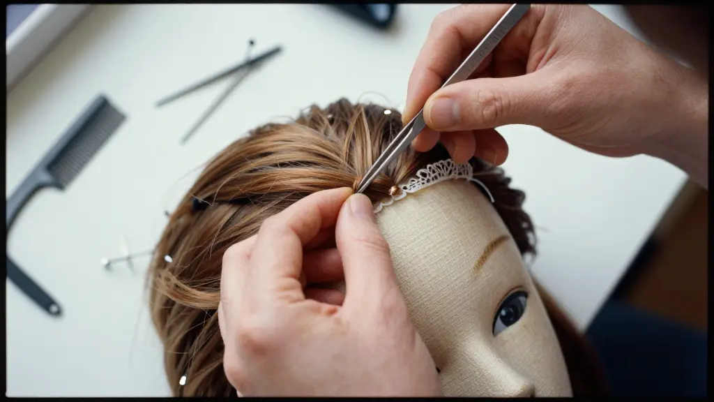 Fine-point tweezers plucking individual knots from a wig hairline on a pinned mannequin head