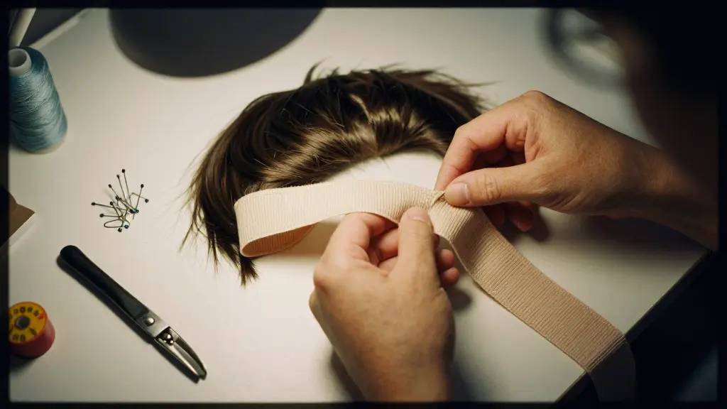 Hands sewing a wide soft elastic band into the nape of a wig cap turned inside out